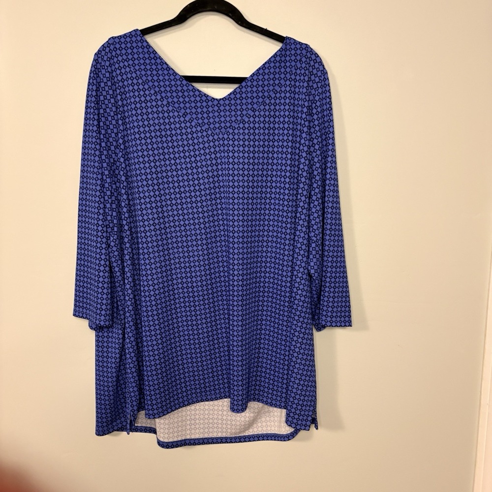 Talbots Womens 3X Blue Geo Print Top Tunic Shirt Plus Size